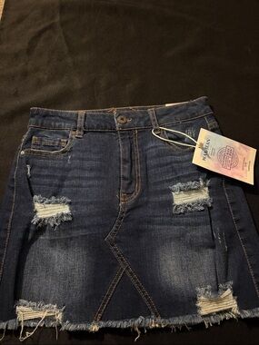 Wax Jean Distressed Dark Blue Denim Mini Skirt